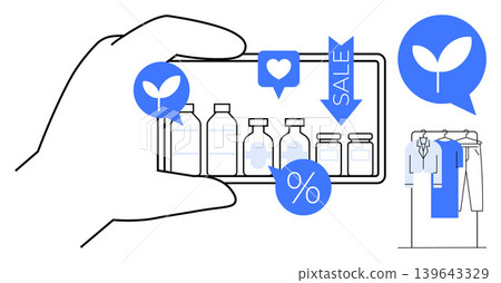E-commerce, sustainability, marketing, discounts, consumer behavior, green shopping. Hand holding smartphone with product icons and eco-friendly symbols. E-commerce and sustainability concept E-commerce, sustainability, marketing, discounts, consumer behavior, green shopping. Hand holding smartphone with product icons and eco-friendly symbols. E-commerce and sustainability concept 139643329