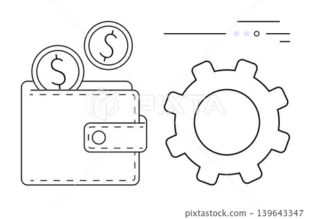 Financial technology, digital payments, money management, fintech tools, economic growth, business services. Wallet with coins and gear. Financial technology and digital payments concept Financial technology, digital payments, money management, fintech tools, economic growth, business services. Wallet with coins and gear. Financial technology and digital payments concept 139643347