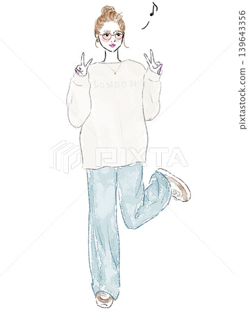 一名女子全身像,她做出和平手勢並抬起一條腿 一名女子全身像,她做出和平手勢並抬起一條腿 139643356
