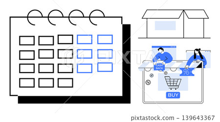 E-commerce, online shopping, delivery services, cashback rewards, digital marketing, consumer behavior. A calendar, a shopping cart icon buyers with cashback offers and a delivery box. E-commerce E-commerce, online shopping, delivery services, cashback rewards, digital marketing, consumer behavior. A calendar, a shopping cart icon buyers with cashback offers and a delivery box. E-commerce 139643367