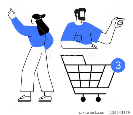 Online shopping, notifications, e-commerce, store transactions, digital purchasing, marketing. A man and woman pointing, shopping cart with notification bubble. Online shopping and notifications Online shopping, notifications, e-commerce, store transactions, digital purchasing, marketing. A man and woman pointing, shopping cart with notification bubble. Online shopping and notifications 139643379