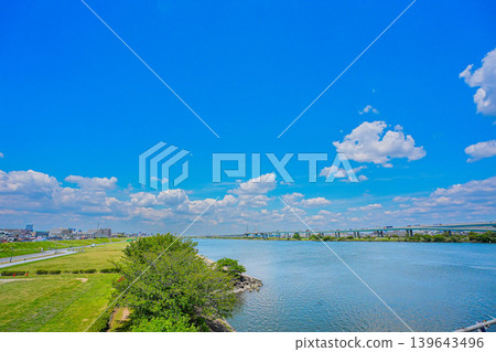 A view of the Arakawa floodway under a clear blue sky. A view of the Arakawa floodway under a clear blue sky. 139643496