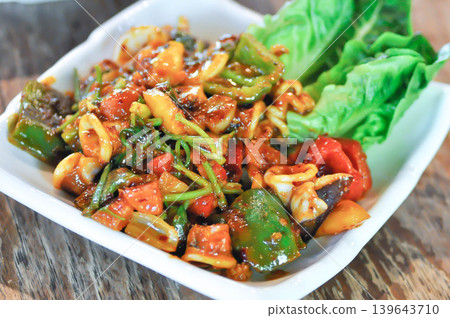 stir fried squid with vegetable, curry squid or squid salad or spicy squid 139643710