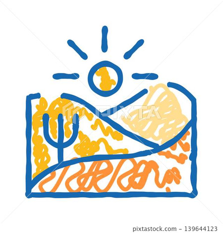 Landscape doodle drawing with sun and mountains Landscape doodle drawing with sun and mountains 139644123