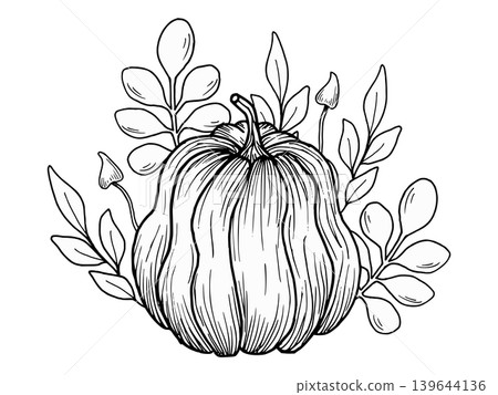 Pumpkin composition with a branch with leaves and mushrooms. Hand-drawn botanical vector illustration. Black and white graphics. Autumn garden arrangement for seasonal festivals and Thanksgiving. 139644136