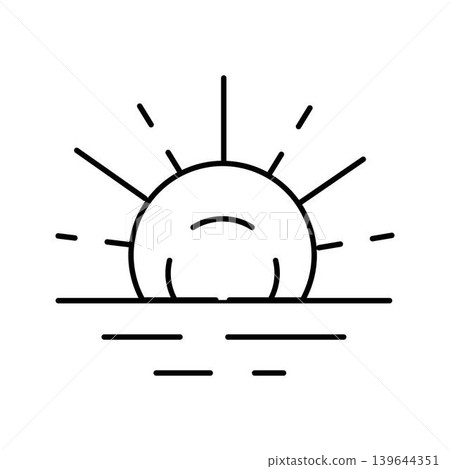 Sun rising over ocean water line art icon Sun rising over ocean water line art icon 139644351