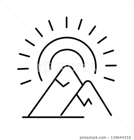 Mountain peaks with sun rising line art icon Mountain peaks with sun rising line art icon 139644358