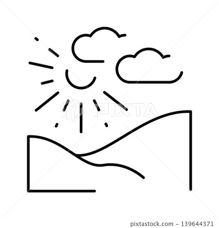 Desert landscape line art with sun and clouds Desert landscape line art with sun and clouds 139644371