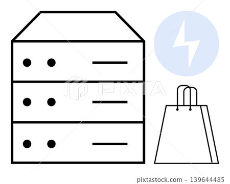 E-commerce, online shopping, technology, data storage, energy efficiency, internet transactions. Server stack, shopping bag lightning bolt icon. E-commerce and online shopping concepts E-commerce, online shopping, technology, data storage, energy efficiency, internet transactions. Server stack, shopping bag lightning bolt icon. E-commerce and online shopping concepts 139644485
