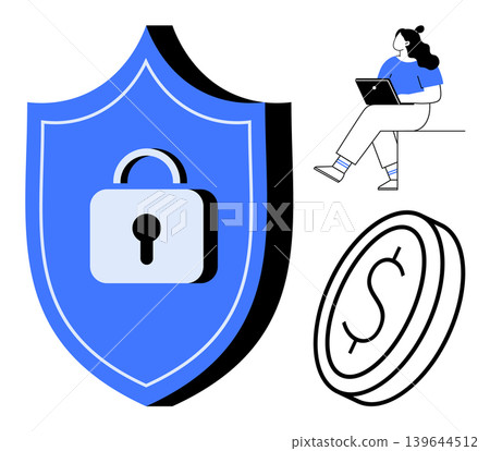 Online safety, financial security, data encryption, e-commerce, personal privacy, remote work. A shield with a lock, a woman using a laptop and a coin. Cybersecurity and financial security concepts Online safety, financial security, data encryption, e-commerce, personal privacy, remote work. A shield with a lock, a woman using a laptop and a coin. Cybersecurity and financial security concepts 139644512