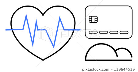 Healthcare, digital payments, cloud storage, fintech, medical technology, data security. Heartbeat monitor in heart, credit card cloud symbol. Healthcare and digital payments concept Healthcare, digital payments, cloud storage, fintech, medical technology, data security. Heartbeat monitor in heart, credit card cloud symbol. Healthcare and digital payments concept 139644539