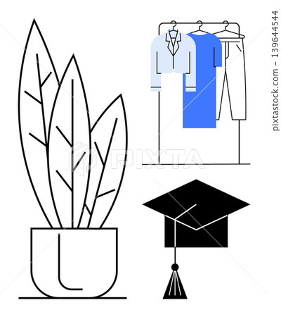 Education, minimalism, fashion design, lifestyle, interior decor, graduation. A potted plant, a graduation cap and hanging clothes on a rack. Education and minimalism conceptual 139644544