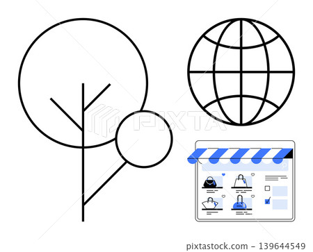 E-commerce, sustainability, global trade, online shopping, business growth, environmental marketing. A minimalist tree, globe and online store interface. Sustainability and e-commerce E-commerce, sustainability, global trade, online shopping, business growth, environmental marketing. A minimalist tree, globe and online store interface. Sustainability and e-commerce 139644549