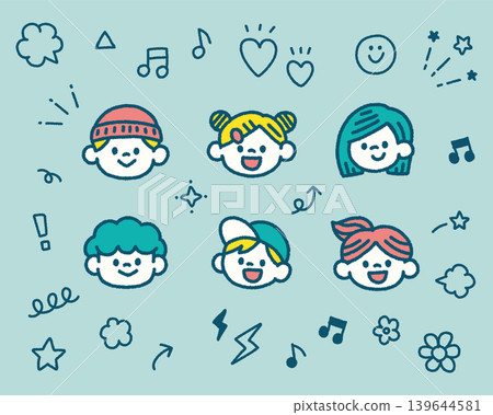 Cute hand-drawn illustration set of children's face icons. Cute hand-drawn illustration set of children's face icons. 139644581