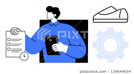 Task management, productivity, workflow systems, business organization, time tracking, corporate planning. Person holding a tablet with checklist, clock shoe and gear icons. Task management 139644634