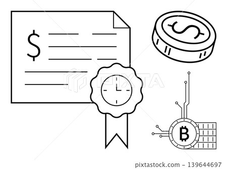 Finance, cryptocurrency, blockchain, secure payment, digital assets, certification. A financial document, digital coin and blockchain-inspired design. Finance and cryptocurrency themed vector Finance, cryptocurrency, blockchain, secure payment, digital assets, certification. A financial document, digital coin and blockchain-inspired design. Finance and cryptocurrency themed vector 139644697