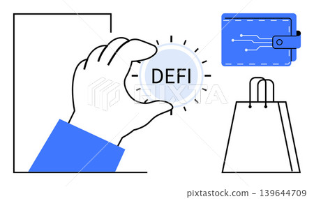 Fintech, cryptocurrency, blockchain, decentralized transactions, online wallets, shopping. Hand holding DeFi coin, digital wallet shopping bag. Cryptocurrency and blockchain concepts highlighted Fintech, cryptocurrency, blockchain, decentralized transactions, online wallets, shopping. Hand holding DeFi coin, digital wallet shopping bag. Cryptocurrency and blockchain concepts highlighted 139644709