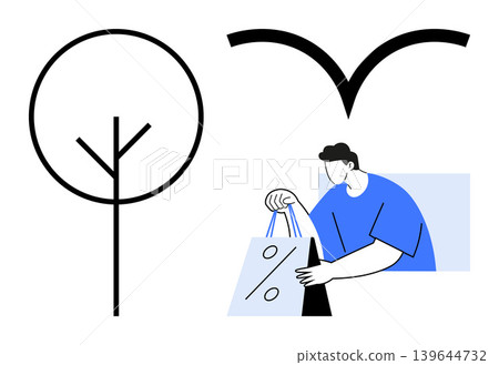 Sustainability, eco-friendly shopping, retail, sales promotions, consumer behavior, environmental awareness. Abstract shapes include tree, bird symbol and person holding bags. Sustainability 139644732