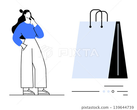 E-commerce, online shopping, consumer behavior, decision-making processes, digital marketing, retail trends. A woman thinking beside a shopping bag. E-commerce and consumer behavior concept E-commerce, online shopping, consumer behavior, decision-making processes, digital marketing, retail trends. A woman thinking beside a shopping bag. E-commerce and consumer behavior concept 139644739