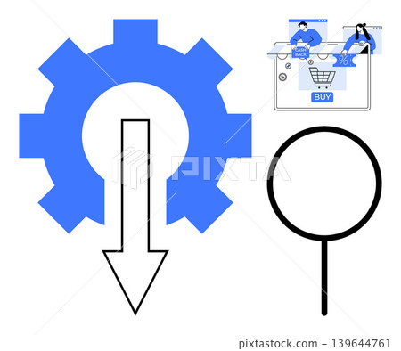 E-commerce, process automation, online shopping, search analysis, efficiency, data management. Gear with arrow, shopping cart interface magnifying tool. E-commerce and process automation concept 139644761