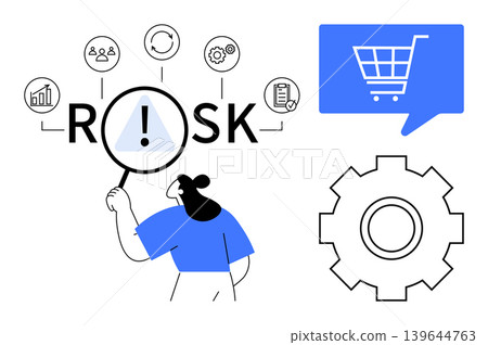 Risk analysis, business systems, e-commerce, operational efficiency, data monitoring, decision-making. Woman examines the word Risk with symbols. Risk analysis and business systems illustration Risk analysis, business systems, e-commerce, operational efficiency, data monitoring, decision-making. Woman examines the word Risk with symbols. Risk analysis and business systems illustration 139644763