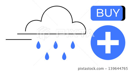 Cloud computing, digital services, online shopping, technology solutions, software, ecommerce. Cloud with raindrops, buy button blue plus icon. Cloud computing and digital services concept Cloud computing, digital services, online shopping, technology solutions, software, ecommerce. Cloud with raindrops, buy button blue plus icon. Cloud computing and digital services concept 139644765