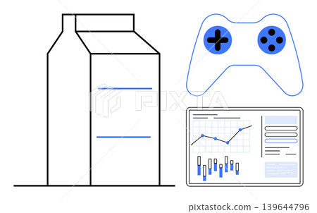 Consumer products, gaming, data analytics, business insights, modern technology, digital tools. Minimalist visuals of a milk carton, gaming controller and analytics dashboard. Consumer products Consumer products, gaming, data analytics, business insights, modern technology, digital tools. Minimalist visuals of a milk carton, gaming controller and analytics dashboard. Consumer products 139644796