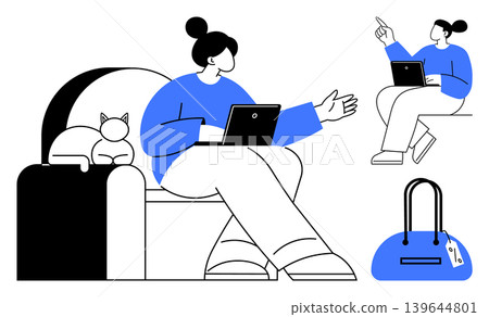 Remote work, online meetings, digital collaboration, freelancing, home lifestyle, e-commerce. Woman with laptop on a chair, cat beside her casual bag. Remote work and online meeting concept Remote work, online meetings, digital collaboration, freelancing, home lifestyle, e-commerce. Woman with laptop on a chair, cat beside her casual bag. Remote work and online meeting concept 139644801