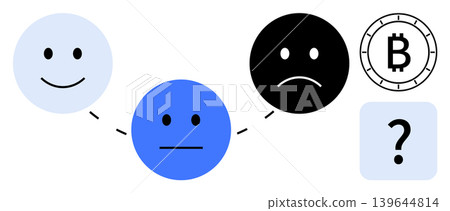 Cryptocurrency, finance, decision-making, emotional analysis, blockchain, trading psychology. Three emoticons showing happiness, neutrality, and sadness with a bitcoin symbol and question mark 139644814