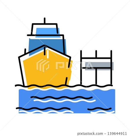 Cargo ship sailing near pier in harbor water 139644911