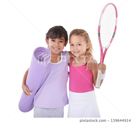 Tennis, sports and portrait of kids hug on a white background for training, workout and exercise. Fitness, happy friends and isolated children with yoga mat, racket and equipment for hobby in studio 139644914