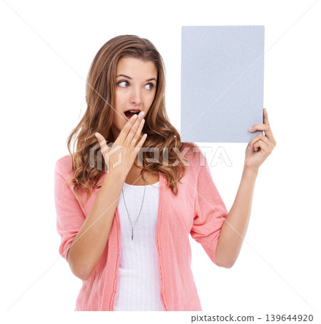 Woman, blank poster and shock for mockup space in studio, paper and bulletin for announcement. Surprised female person, board and placard for promotion and advertisement, news and white background 139644920