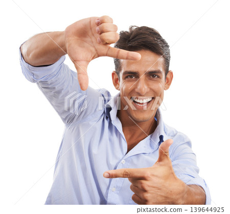 Portrait, man and finger frame in studio to review profile picture, selfie or creativity on white background. Happy model planning perspective for photography, creative inspiration or sign with hands Portrait, man and finger frame in studio to review profile picture, selfie or creativity on white background. Happy model planning perspective for photography, creative inspiration or sign with hands 139644925