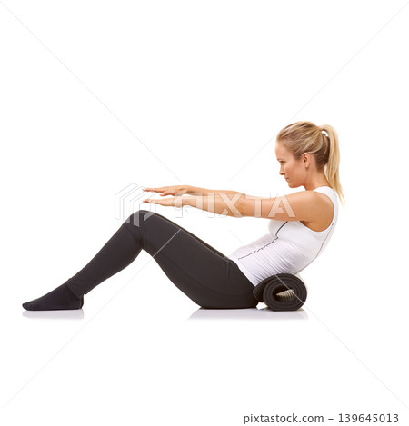 Woman, sit up and exercise with mat in studio profile, stretching and stomach for fitness by white background. Girl, strong abdomen and workout for health, thinking or muscle in mockup space on floor Woman, sit up and exercise with mat in studio profile, stretching and stomach for fitness by white background. Girl, strong abdomen and workout for health, thinking or muscle in mockup space on floor 139645013