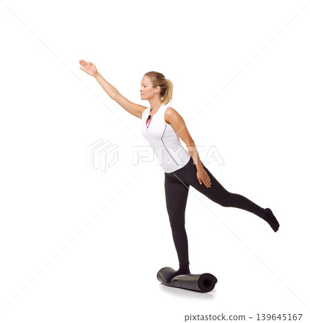 Woman, exercise and mat in studio for balance, pilates or workout for healthy body, wellness or fitness. Person, face and yoga in sportswear for physical activity on mock up space or white background Woman, exercise and mat in studio for balance, pilates or workout for healthy body, wellness or fitness. Person, face and yoga in sportswear for physical activity on mock up space or white background 139645167