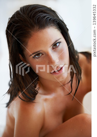 Portrait, bath and relax woman cleaning, washing and self care grooming for hygiene, body cleanse and wellness. Wet, daily routine and home person with wet hair, beauty treatment or bathroom skincare Portrait, bath and relax woman cleaning, washing and self care grooming for hygiene, body cleanse and wellness. Wet, daily routine and home person with wet hair, beauty treatment or bathroom skincare 139645332