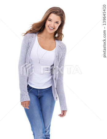 Woman, positive attitude and style in studio portrait, smile and confidence for trendy fashion on white background. Female person, face and happy in casual outfit, satisfaction and laugh for humor Woman, positive attitude and style in studio portrait, smile and confidence for trendy fashion on white background. Female person, face and happy in casual outfit, satisfaction and laugh for humor 139645410