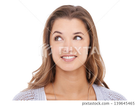 Thinking, ideas and woman with smile questions and decision isolated on a white studio background. Person, mockup space or girl with emoji, inspiration or solution with problem solving, choice or why Thinking, ideas and woman with smile questions and decision isolated on a white studio background. Person, mockup space or girl with emoji, inspiration or solution with problem solving, choice or why 139645465