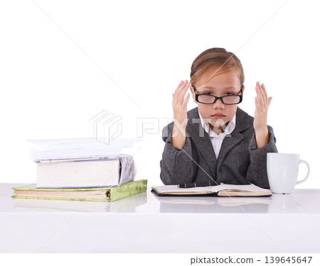 Child, portrait and business career or stress dress up for future worker or desk, notebook or white background. Female person, face and kid goals burnout games for grownup dream, studio or mockup Child, portrait and business career or stress dress up for future worker or desk, notebook or white background. Female person, face and kid goals burnout games for grownup dream, studio or mockup 139645647