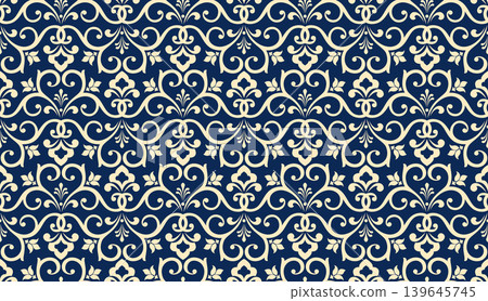 Floral pattern. Seamless vector background. Vintage wallpaper in the Baroque style. Golden and blue ornament for fabric, wallpaper, packaging. Ornate Damask flower illustration 139645745