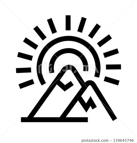 Mountain peaks with sun rising over landscape drawing Mountain peaks with sun rising over landscape drawing 139645746