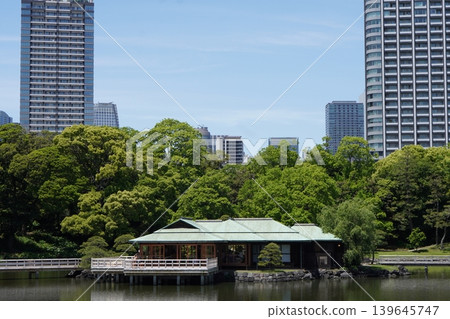 濱離宮庭園島上的茶室與城市天際線。 139645747