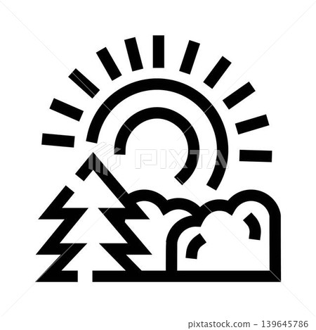 Sun shining over evergreen tree and bushes line art icon Sun shining over evergreen tree and bushes line art icon 139645786