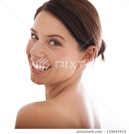 Beauty, studio portrait and happy woman for skincare, facial treatment or cosmetic routine. Face, self care or person smile for anti aging, grooming and cosmetics glow isolated on white background Beauty, studio portrait and happy woman for skincare, facial treatment or cosmetic routine. Face, self care or person smile for anti aging, grooming and cosmetics glow isolated on white background 139645919