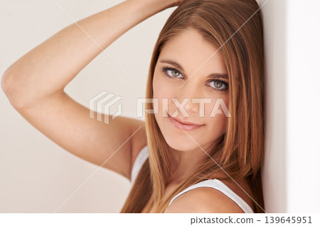 Woman, portrait and beauty closeup in studio for relax weekend confidence for cosmetics, dermatology or self care. Female person, face and model on brown background or treatment, fresh glow or mockup 139645951