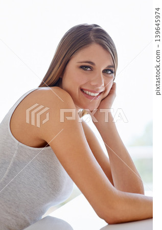 Cosmetic, smile and portrait of young woman with natural, glow and glamour facial routine. Confidence, makeup and happy attractive female person with self care, dermatology and face treatment. Cosmetic, smile and portrait of young woman with natural, glow and glamour facial routine. Confidence, makeup and happy attractive female person with self care, dermatology and face treatment. 139645974