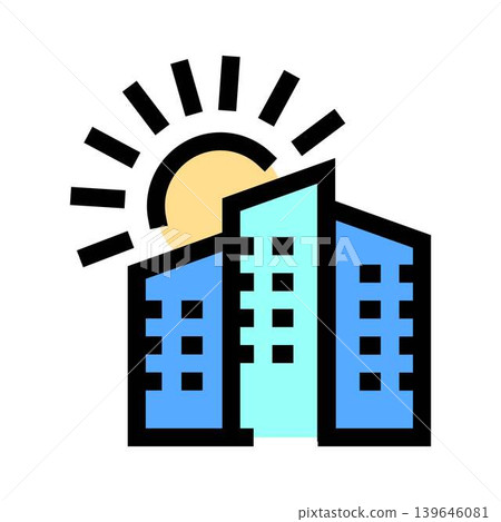 City buildings with sun rising over urban skyline icon City buildings with sun rising over urban skyline icon 139646081