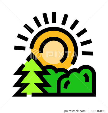 Sun rising over a green forest landscape icon Sun rising over a green forest landscape icon 139646098