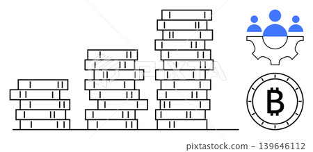 Finance, blockchain, cryptocurrency, digital currency, fintech, investment. Stacked coin piles, Bitcoin icon gear with people. Cryptocurrency and blockchain concepts focus on finance and technology Finance, blockchain, cryptocurrency, digital currency, fintech, investment. Stacked coin piles, Bitcoin icon gear with people. Cryptocurrency and blockchain concepts focus on finance and technology 139646112