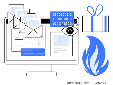 Cybersecurity, data risk, email monitoring, digital communication, online scams, information security. Monitor with emails, binary code and a fire warning. Cybersecurity and data risk concepts Cybersecurity, data risk, email monitoring, digital communication, online scams, information security. Monitor with emails, binary code and a fire warning. Cybersecurity and data risk concepts 139646192